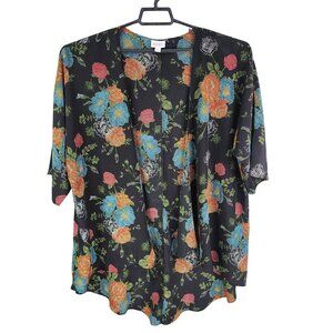Womens LuLaRoe Floral Kimono Open Front Cardigan Black Multicolor Polyester M
